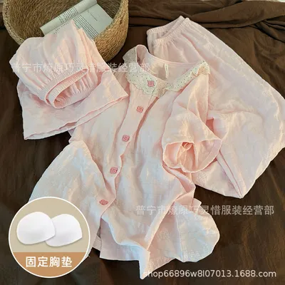 Pink pajamas with breasts, women's summer cloudy cotton short sleeves, shorts, long pants, three sets of girls' sweet home clothes
